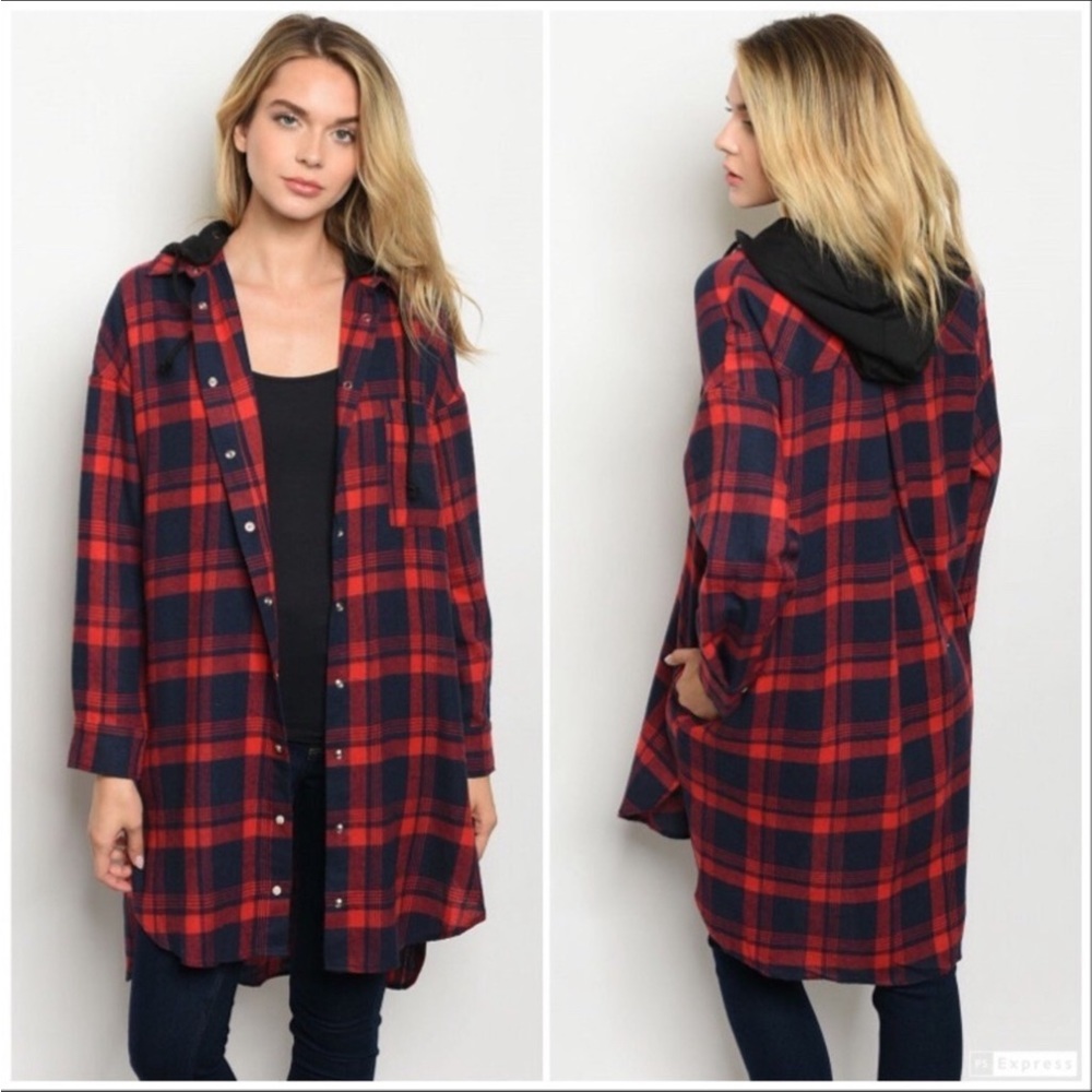PetalRoz Long Flannel snap front shirt shacket jacket Medium detachable hood NEW